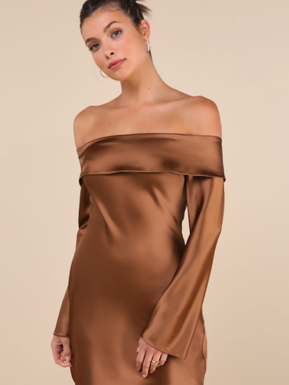 Lulus Luxurious Vision Brown Satin Off-the-shoulder Mini Dress - Size S